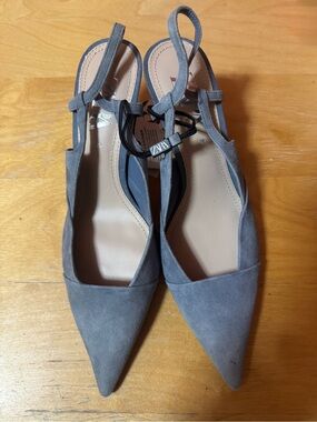 NEW Zara Blue Suede Pointed Toe Slingback Heels